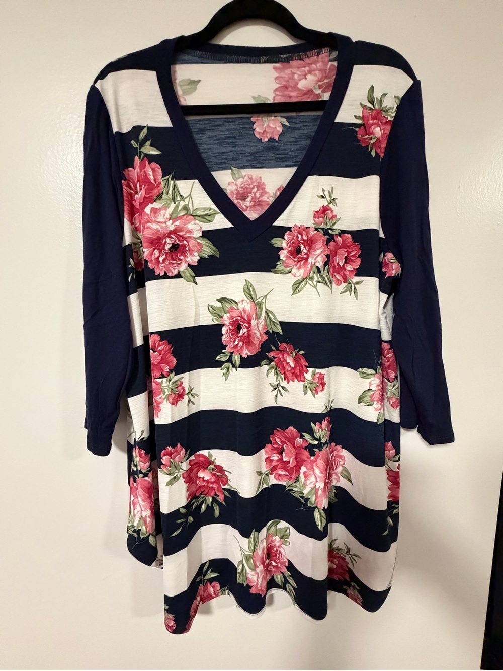 Emerald Navy & White Striped V‑Neck Tunic with Pink Floral